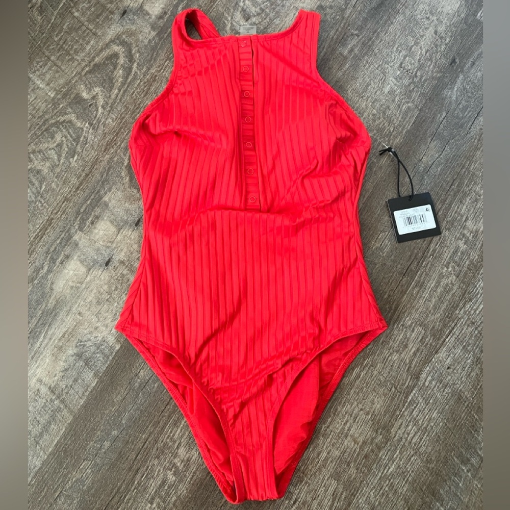 S3 Swim Smoothing Ribbed High Neck Snap Front One Piece Swimsuit- Size Medium
